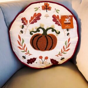 Fall Round Embroidered Pumpkin & Leaf Throw Pillow Celebrate Together™ NWT